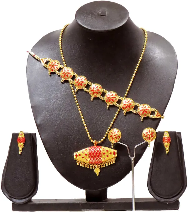 Assamese_Traditional_Gold_Plated_Red_Colour_Combo_Jewellery_Set_For_Women